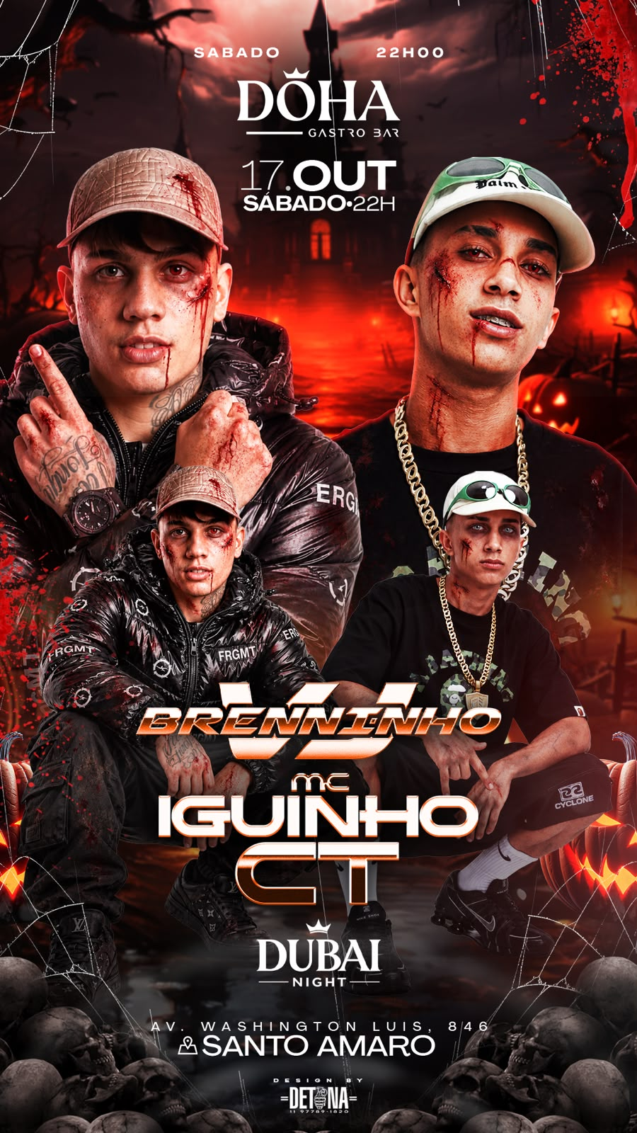 Flyer Halloween Dubai Night com Brenninho VJ e MC Iguinho CT, dia 17 de outubro, às 22h, no Doha Gastro Bar, Av. Washington Luís, 846, Santo Amaro.